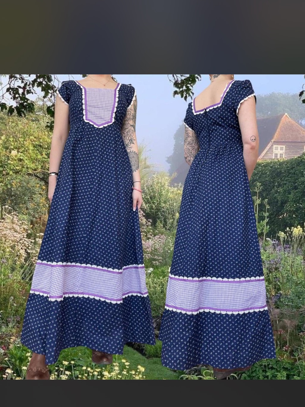 Navy Floral Maxi Dress With Lavender Gingham Trim